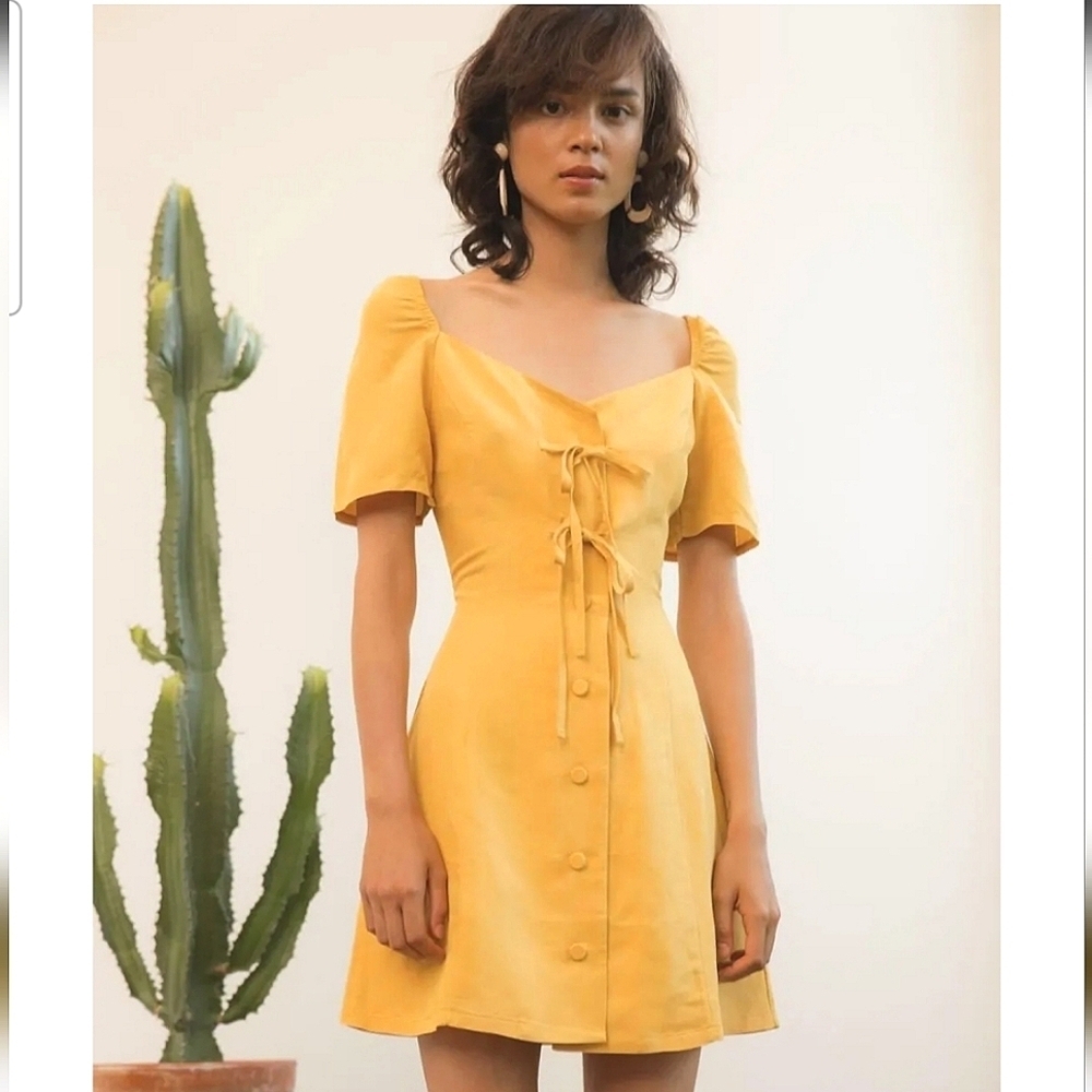 PIXIE MARKET Helena Mustard Linen Mini Dress. Size XS